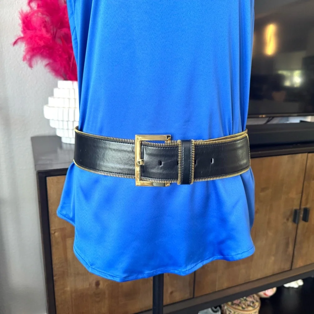 Black Wide Zipper Belt with Gold Accents